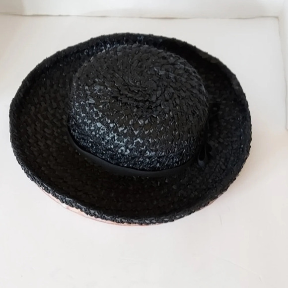 Vintage Quaker Maid Black Pink Large Brim Hat‎ with bow accent around band main image 7